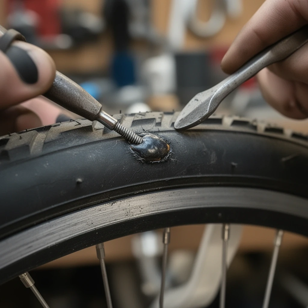 パンク修理作業中の自転車タイヤ